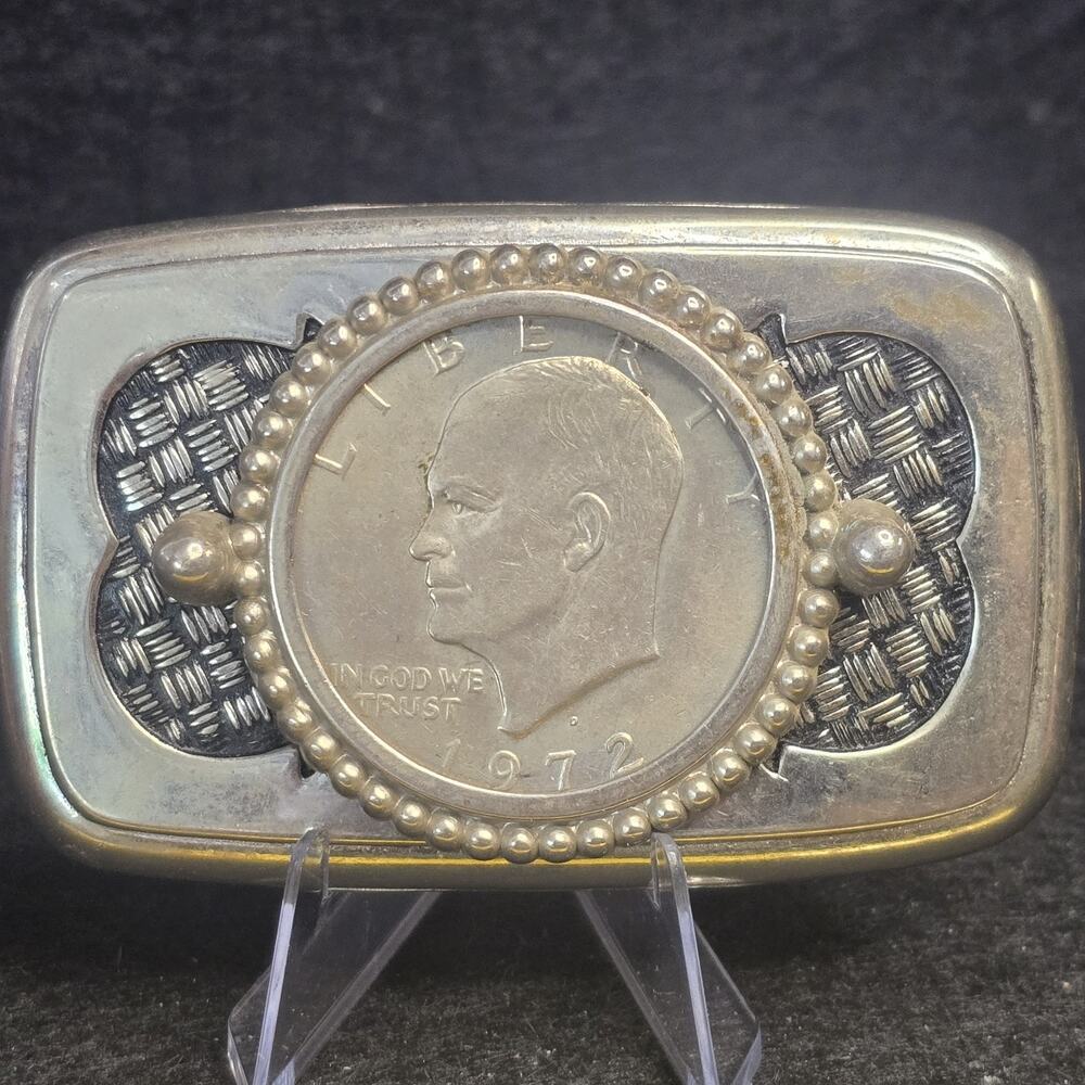 Vintage Belt Buckle Coin 1972 Silver Dollar Geometric Design 3X2”
